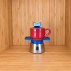 A blue Gemini Express Moka pot centered with 1 mug on a light wood grain surface against a matching wood grain background.