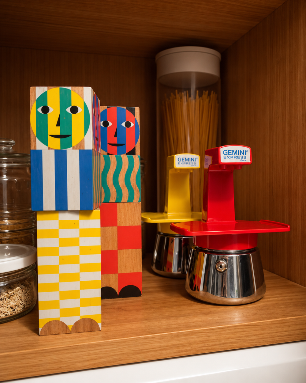 Yellow and red Gemini Express moka pots beside Dusen Dusen salt and pepper grinders