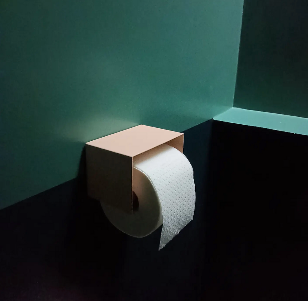 Studio Lemstrom Praia toilet roll holder in salmon on a green wall.